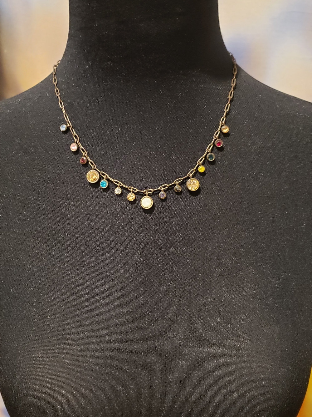 Vintage Multicolor Bezel Crystal Charm Necklace